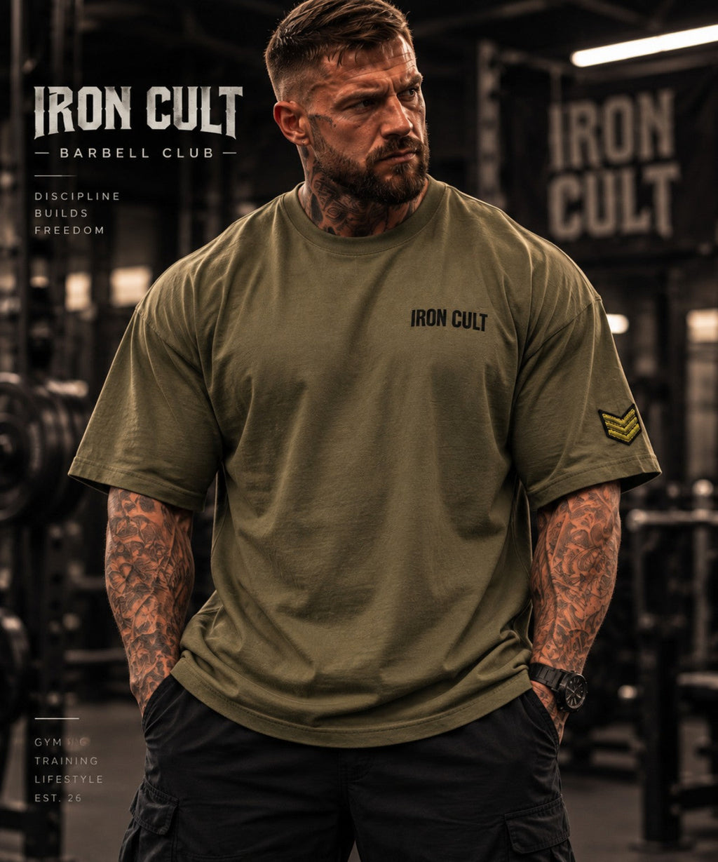 Iron Cult Barbell Club Boxy Tee olive front model view