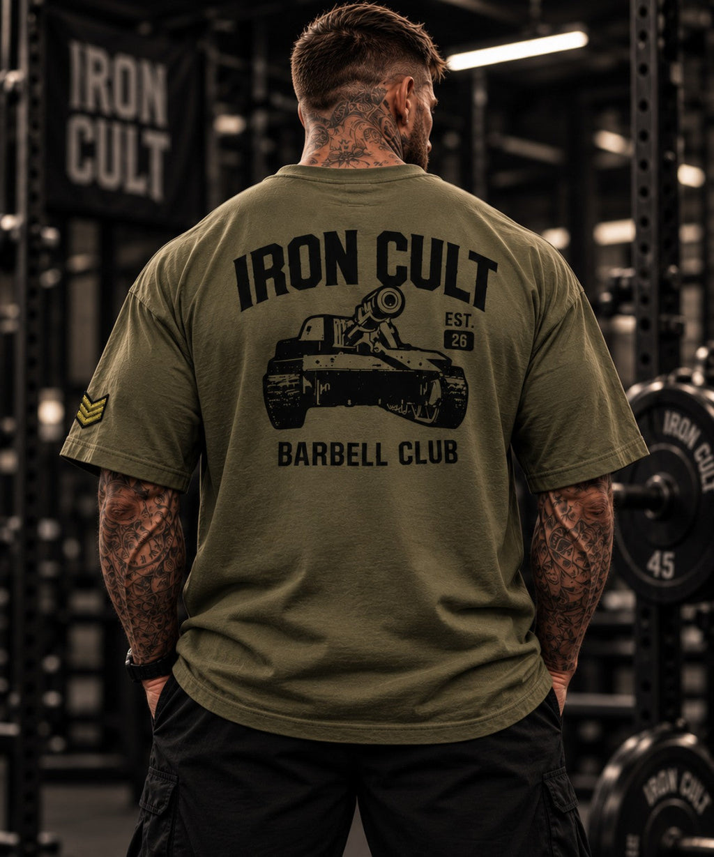 Iron Cult Barbell Club Boxy Tee olive back model view