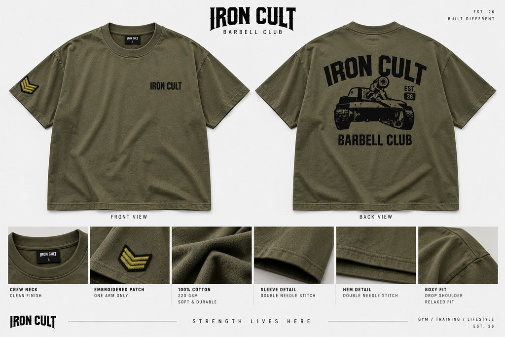 Iron Cult Barbell Club Boxy Tee olive product detail and flat lay view