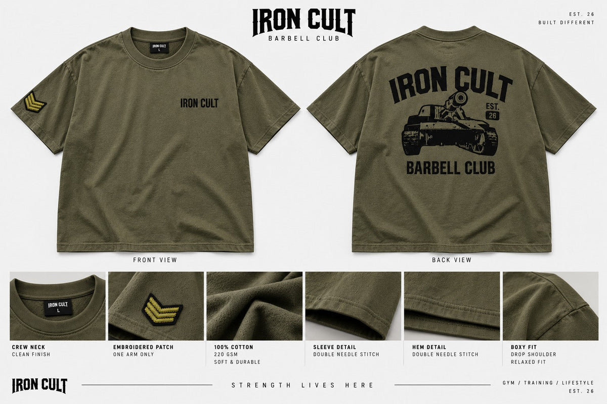 Iron Cult Barbell Club Boxy Tee olive product detail and flat lay view
