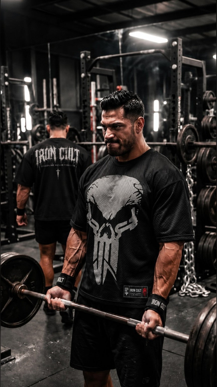 Iron Rebel mesh pump cover worn by a model in an industrial gym