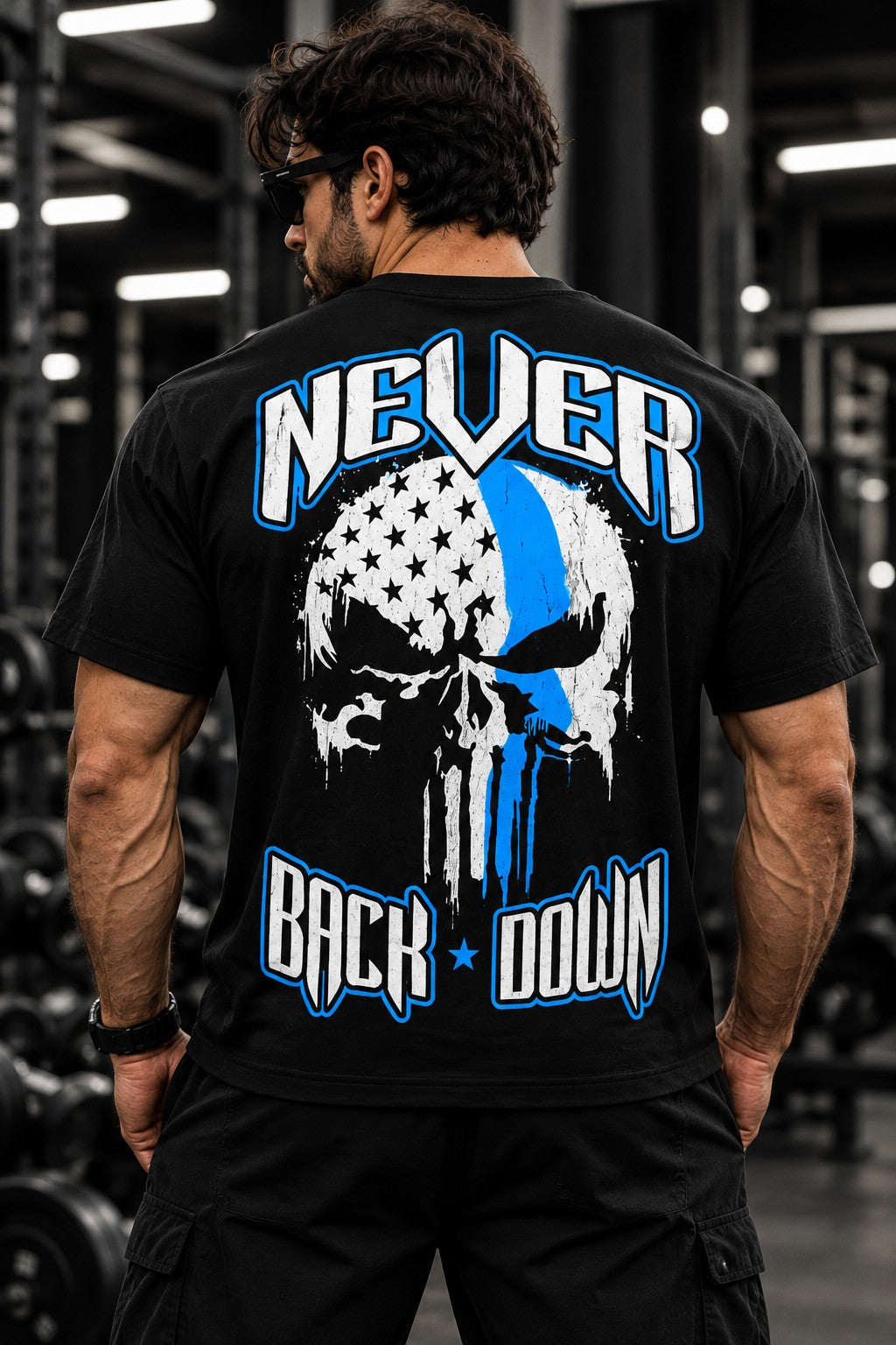 IRON CULT Never Back Down regular muscle-fit tee, back model view
