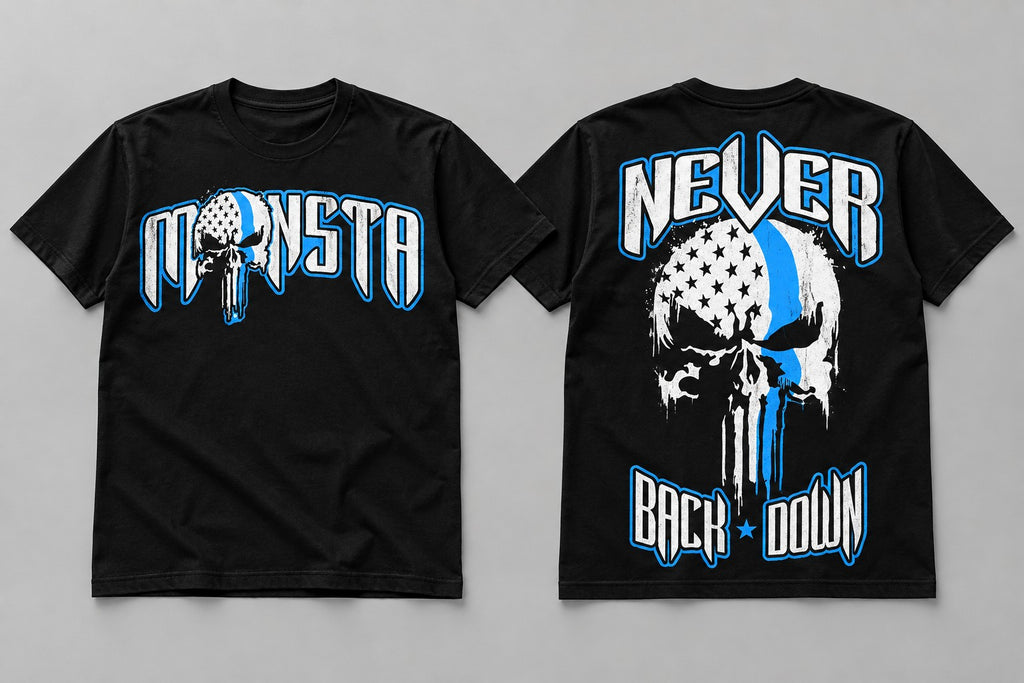 IRON CULT Never Back Down tee, front and back product views