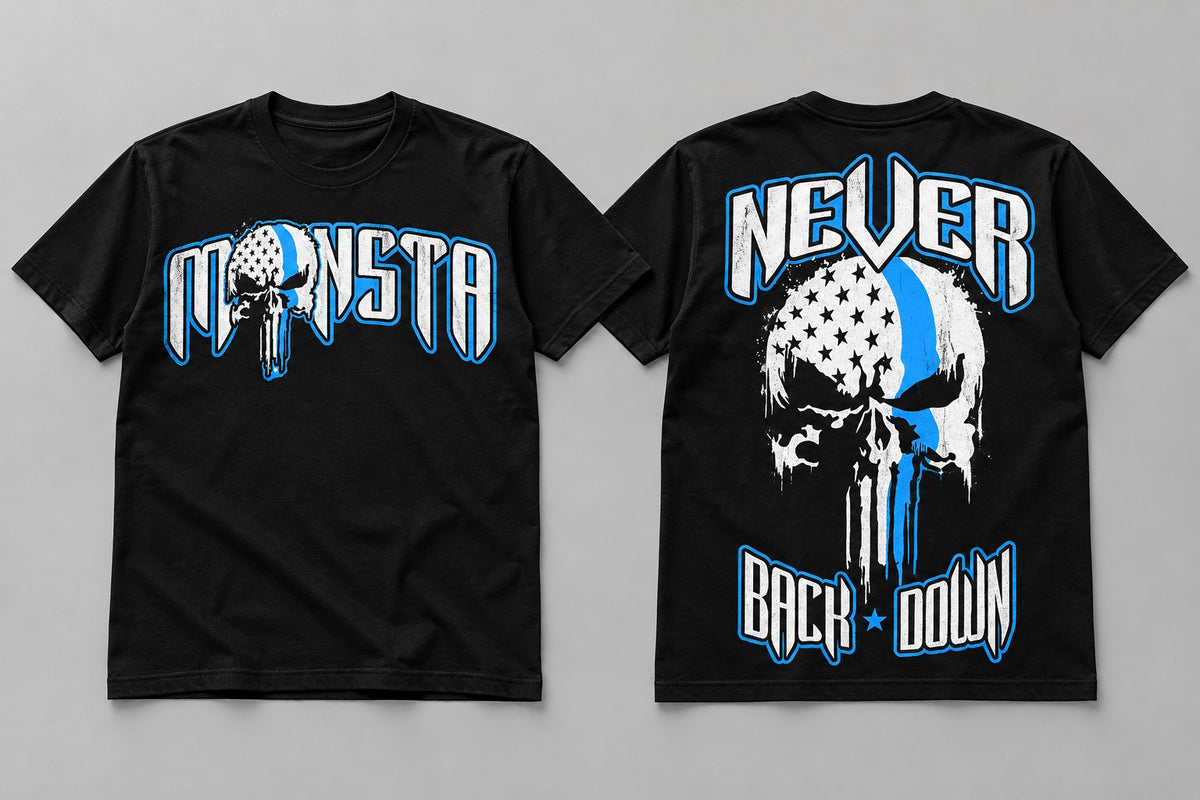 IRON CULT Never Back Down tee, front and back product views