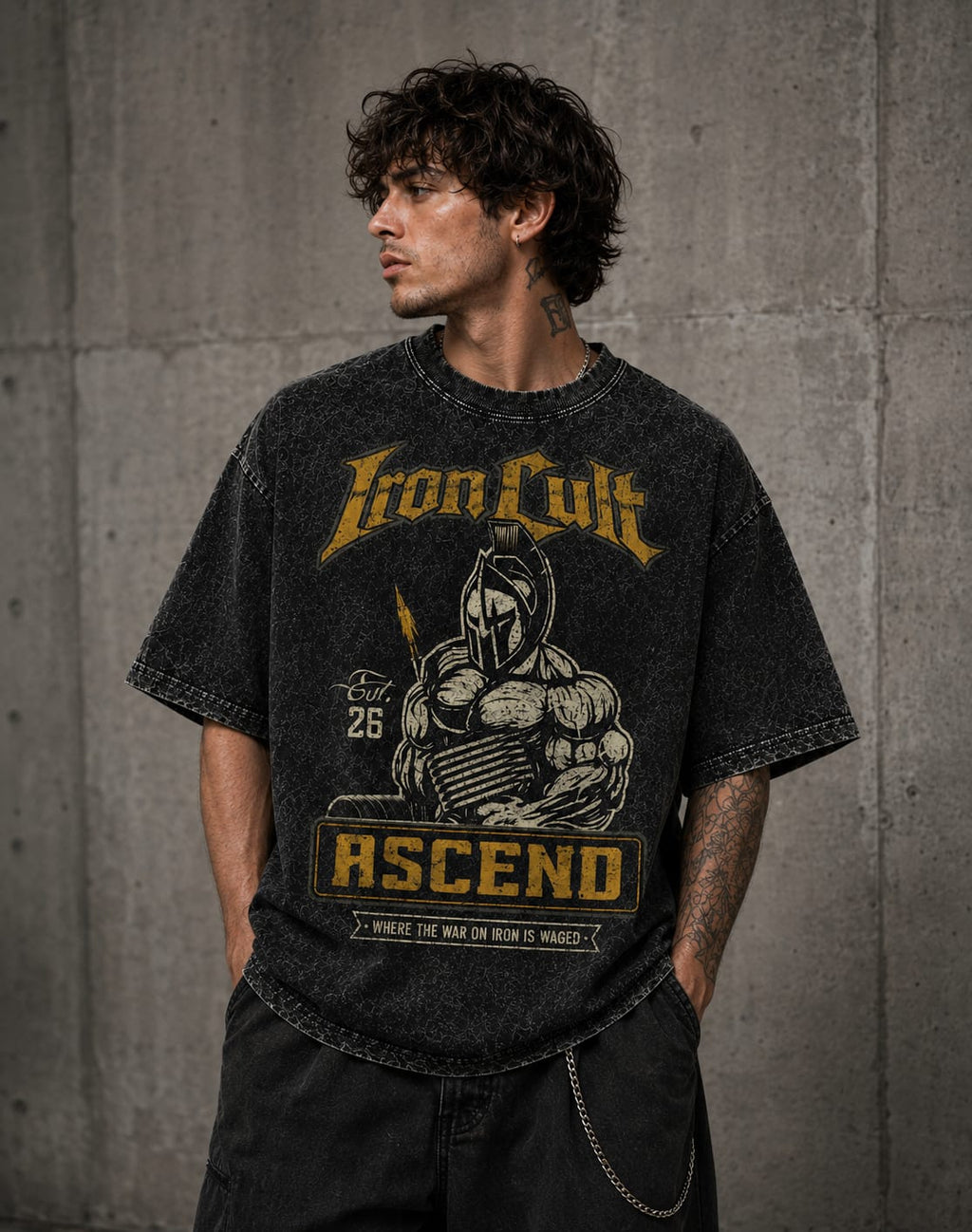 IRON CULT "ASCEND" Acid Wash Oversized Tee – Black Vintage Wash