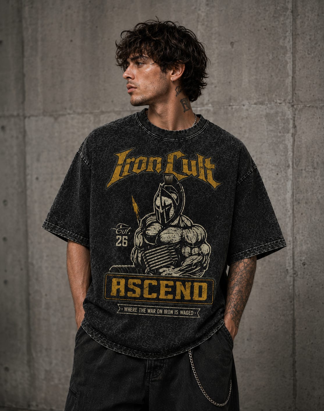 IRON CULT "ASCEND" Acid Wash Oversized Tee – Black Vintage Wash