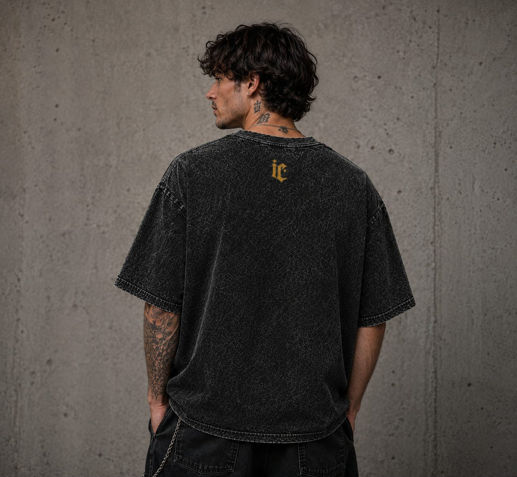 IRON CULT "ASCEND" Acid Wash Oversized Tee – Black Vintage Wash