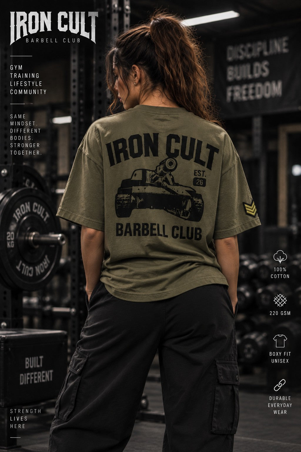 Iron Cult Barbell Club olive boxy tee on female model, back view