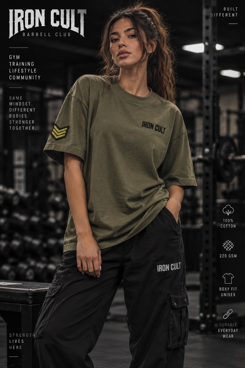 Iron Cult Barbell Club olive boxy tee on female model, front view