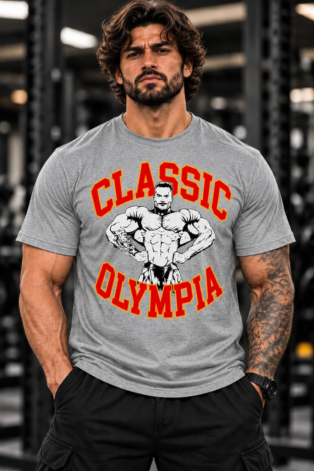 Classic Olympia black regular-fit tee worn by model, front view