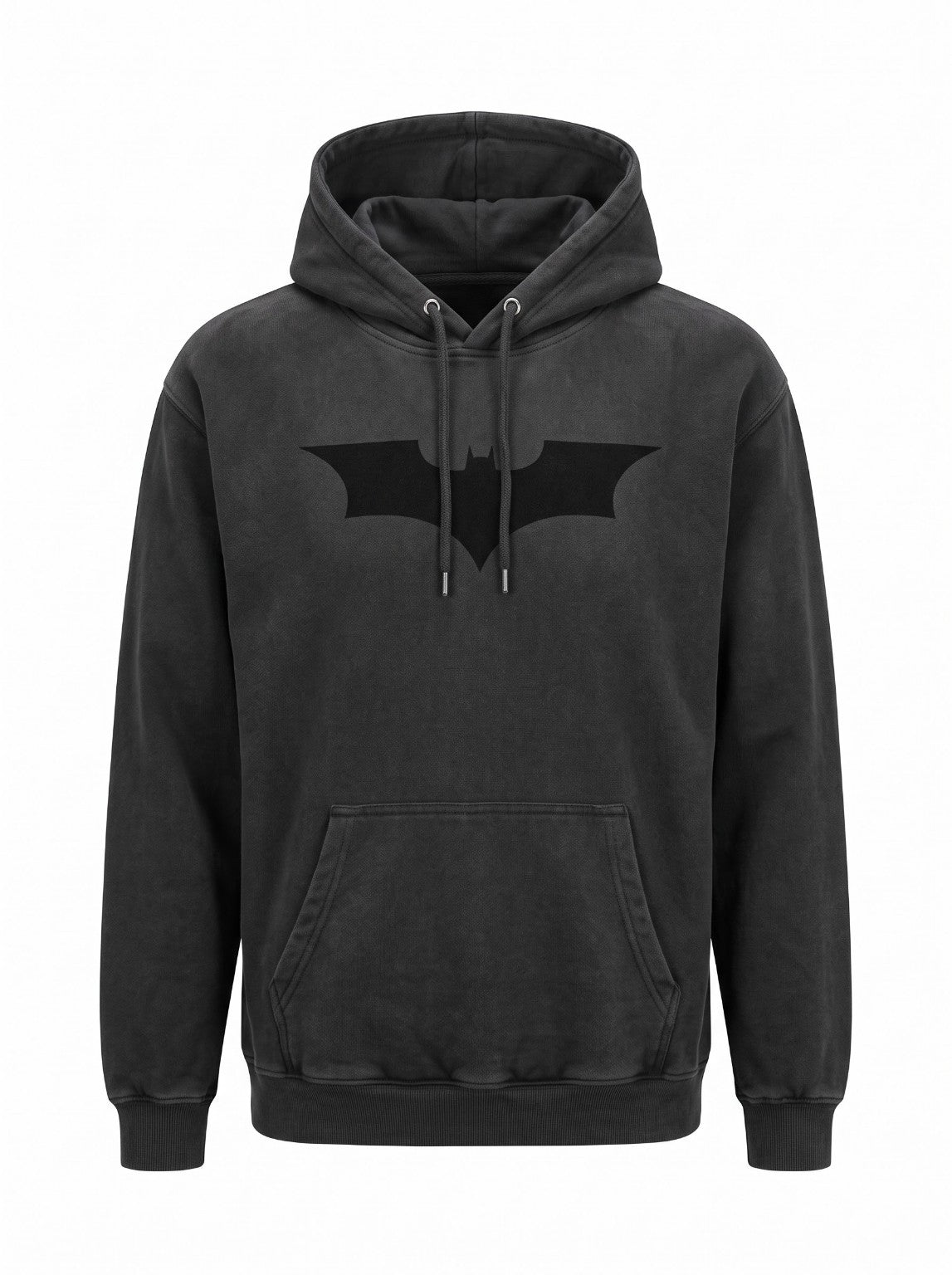 IRON CULT Dark Knight charcoal hoodie front with flock print