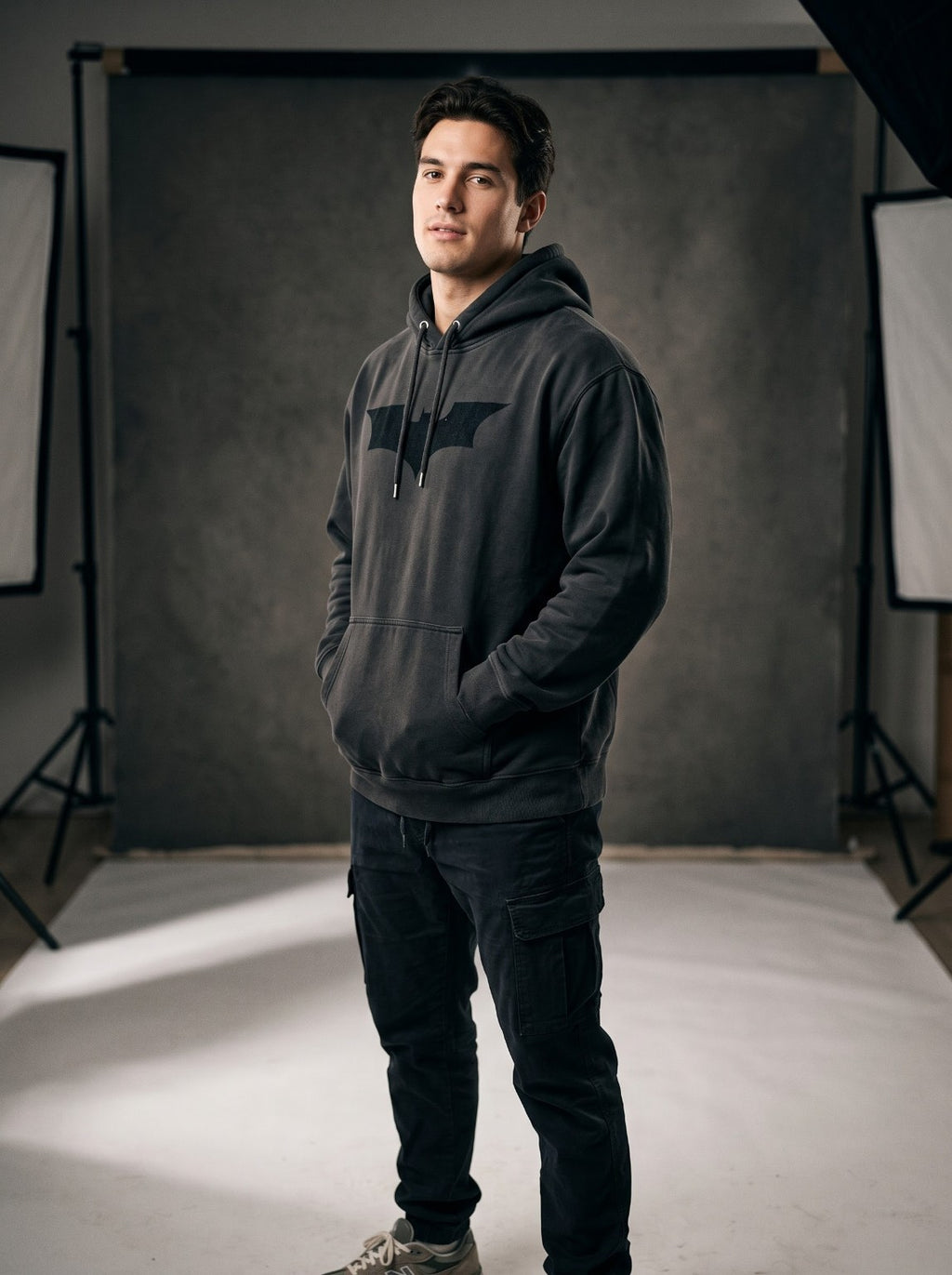 Model wearing IRON CULT Dark Knight charcoal hoodie