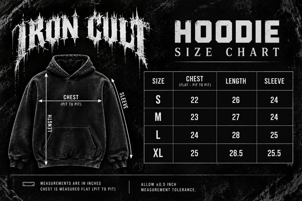 IRON CULT Dark Knight Hoodie size chart in inches, with chest, length and sleeve measurements for S, M, L and XL