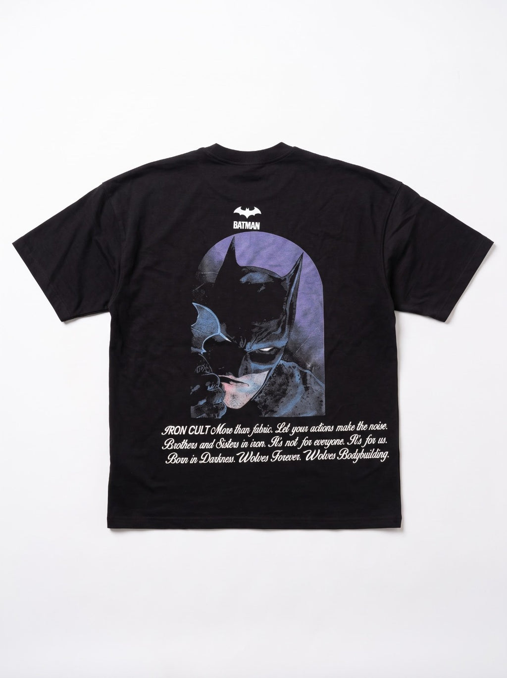 Iron Cult Dark Knight heavyweight tee back graphic on white background