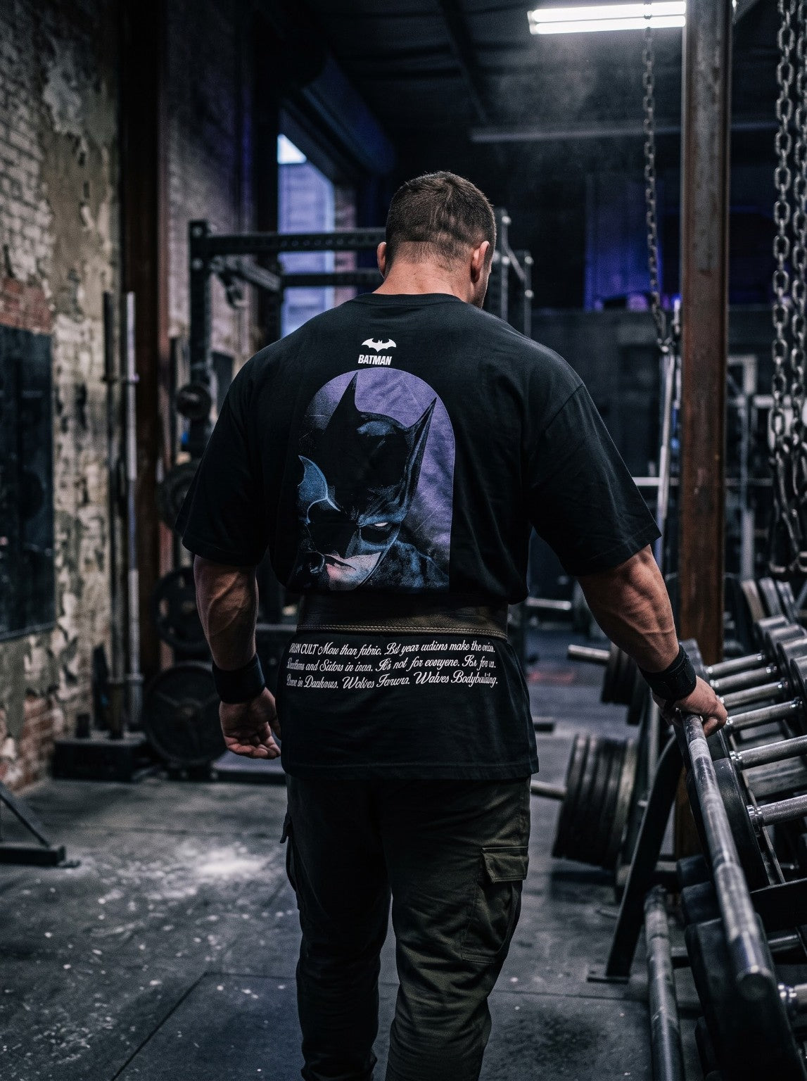 Iron Cult Dark Knight tee worn in an industrial gym