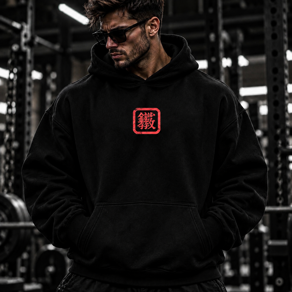 Jet-black IRON CULT Discipline Hoodie with centered red Japanese kanji chest logo