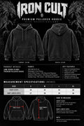 IRON CULT hoodie size chart with chest and body length measurements