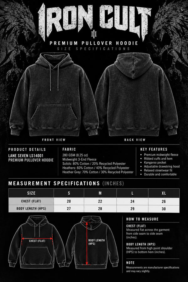 IRON CULT hoodie size chart with chest and body length measurements