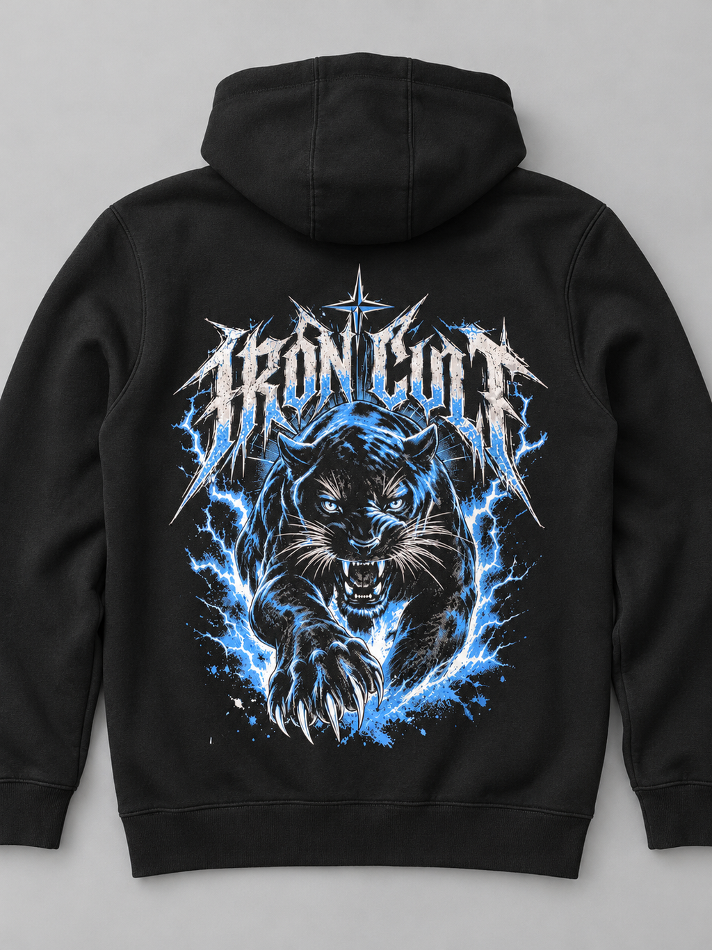 IRON CULT Frostbite hoodie back view with icy blue panther graphic