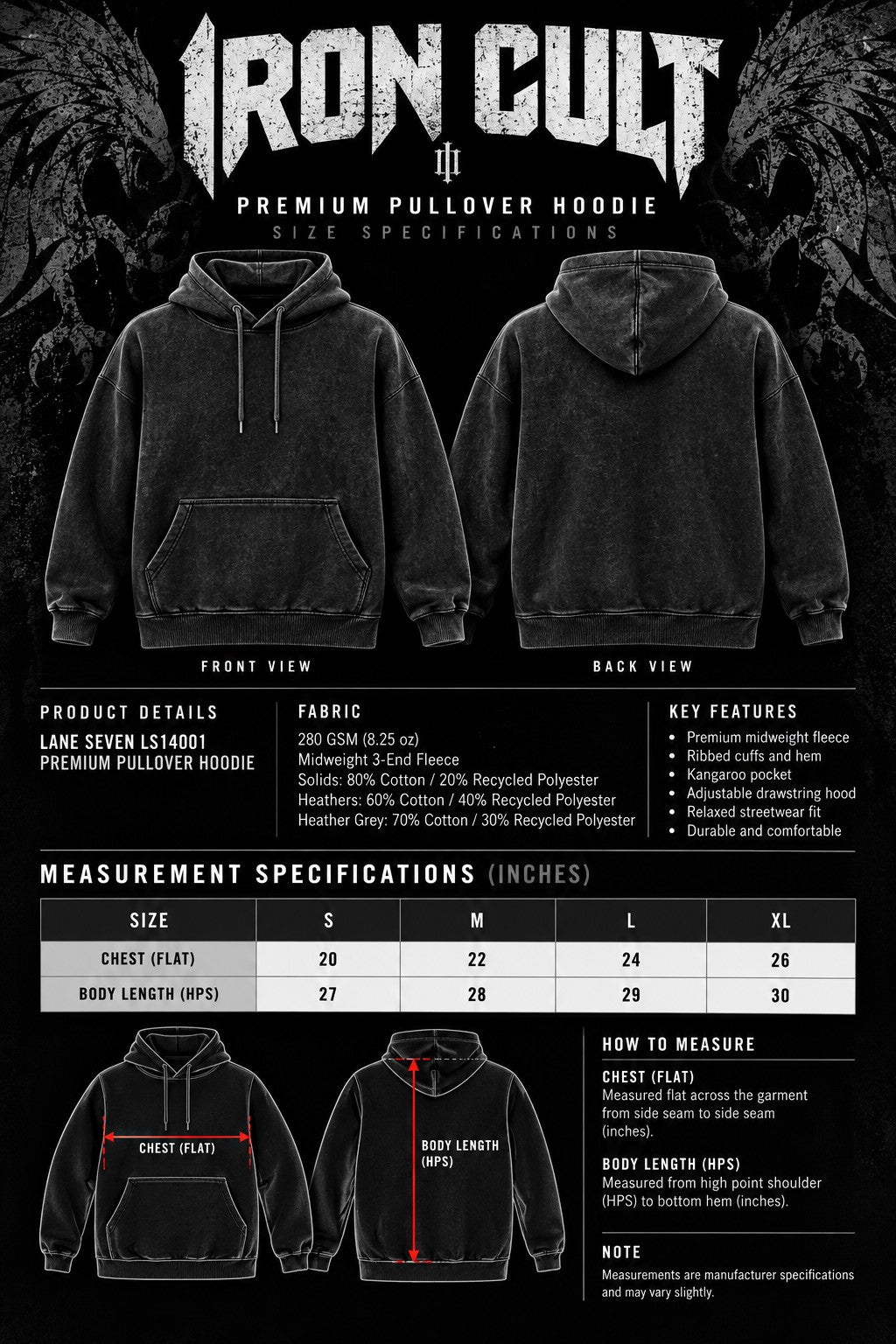 Iron Cult hoodie size specifications and measurement chart