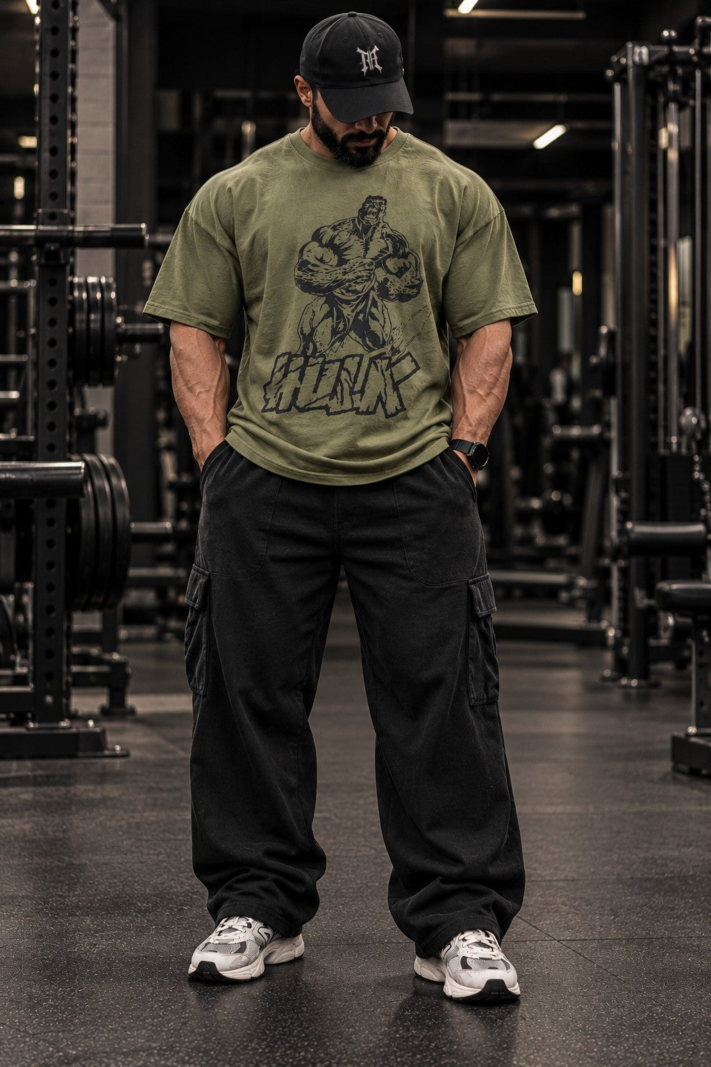 Iron Cult Hulk olive oversized tee modeled in gym, front view