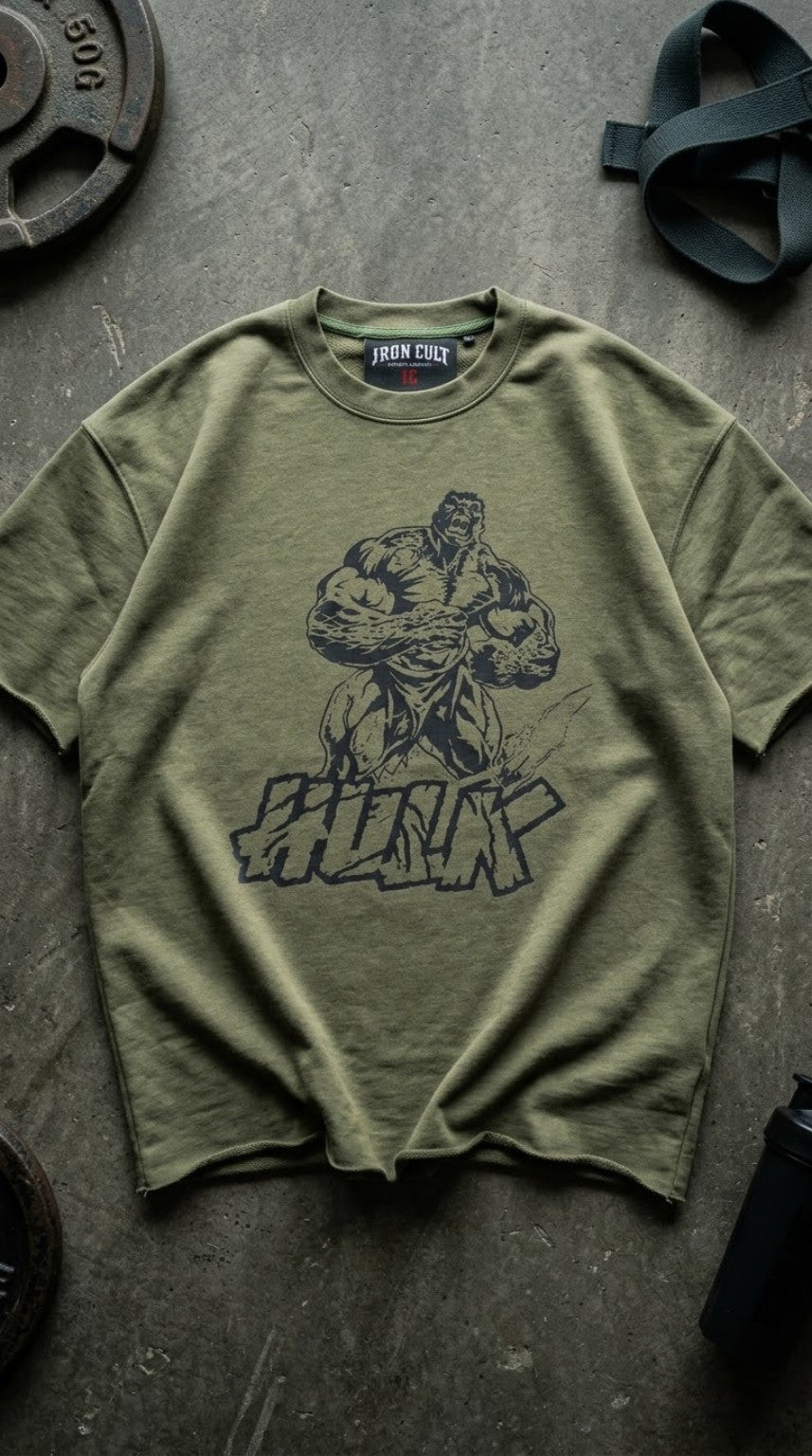 Iron Cult olive oversized tee studio flat lay with front Hulk graphic