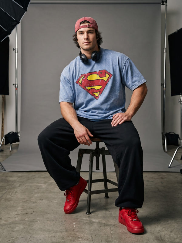 Man of Steel light blue acid-wash tee on model in studio