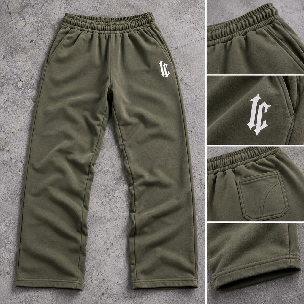 Olive green soft terry trousers flat lay