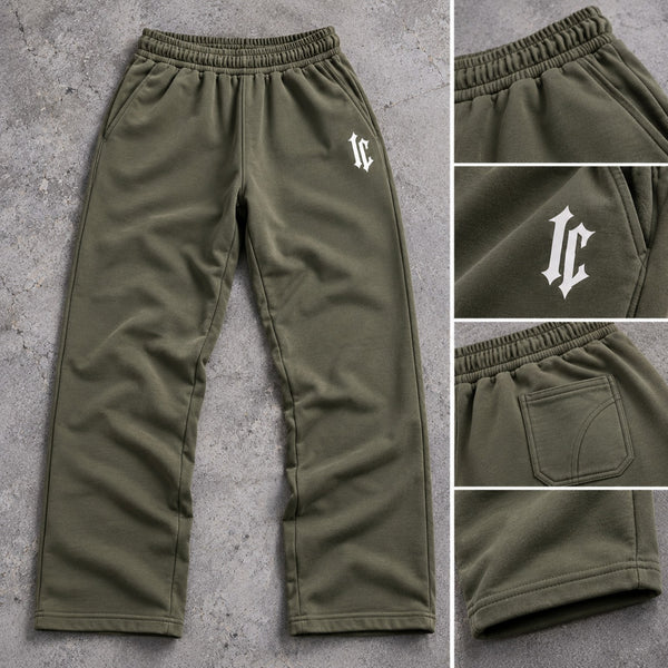 Olive green soft terry trousers flat lay