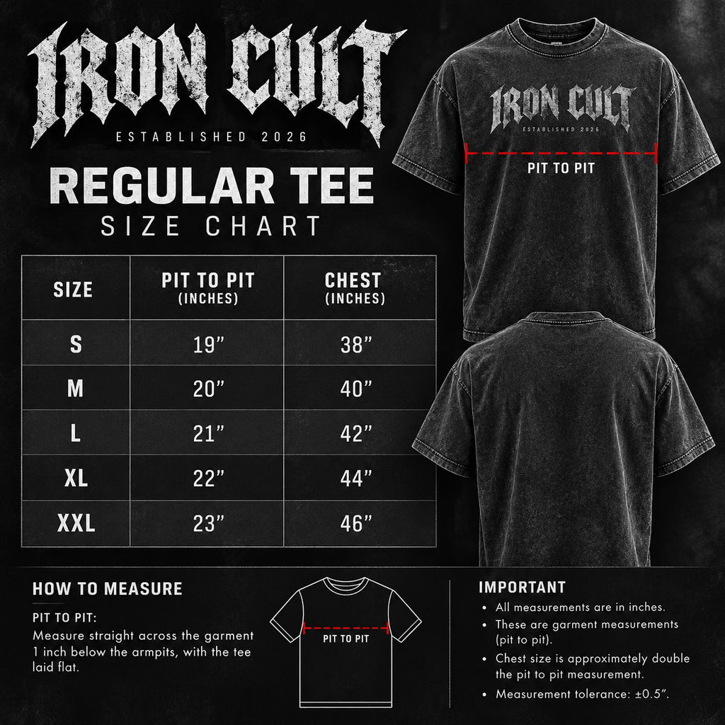 IRON CULT regular tee size chart with pit-to-pit measurements in inches