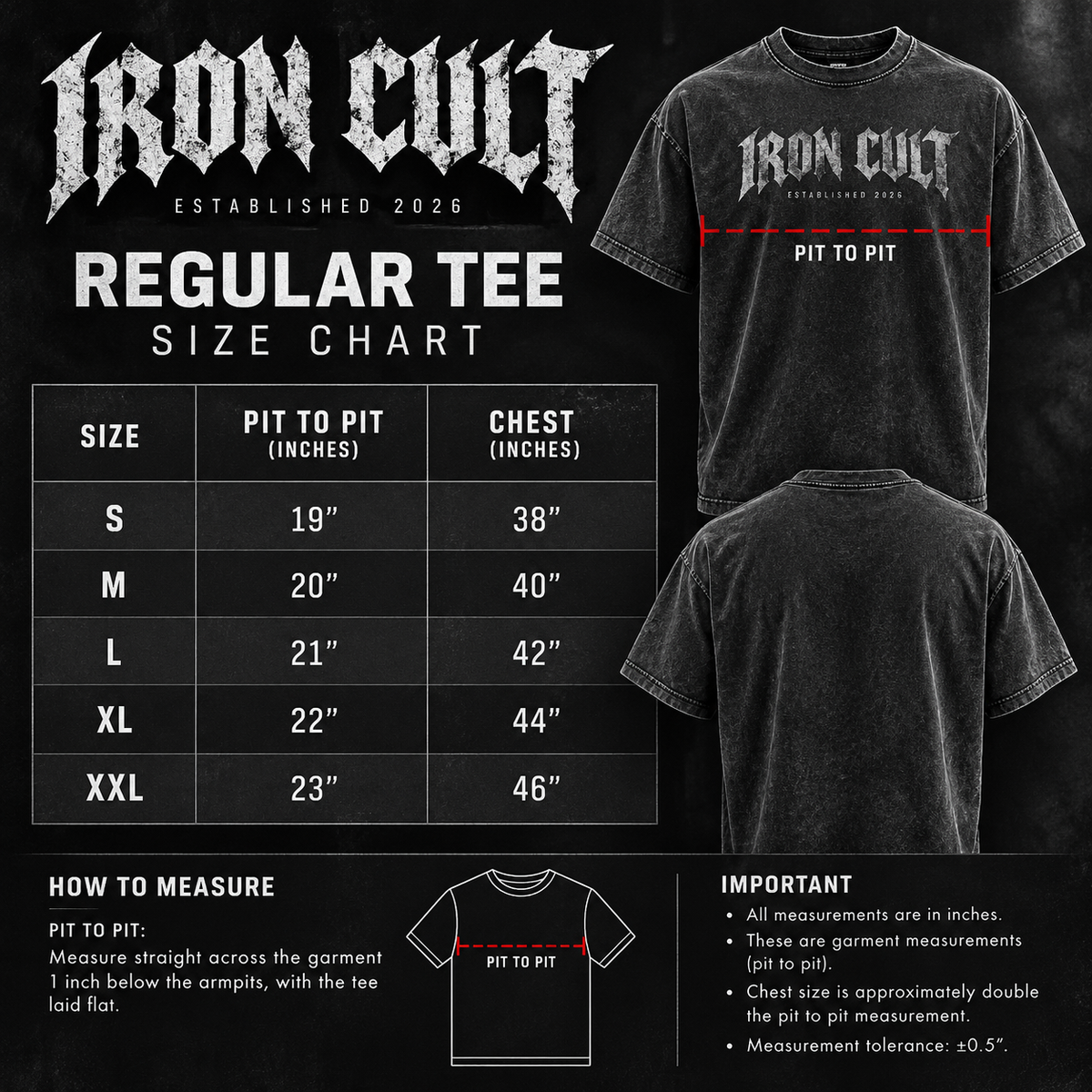 IRON CULT regular tee size chart with pit-to-pit measurements in inches