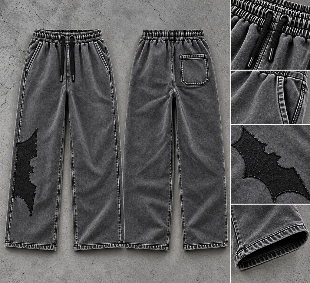 IRON CULT Shadow Appliqué Trousers front and back views with waistband, pocket, appliqué and hem details