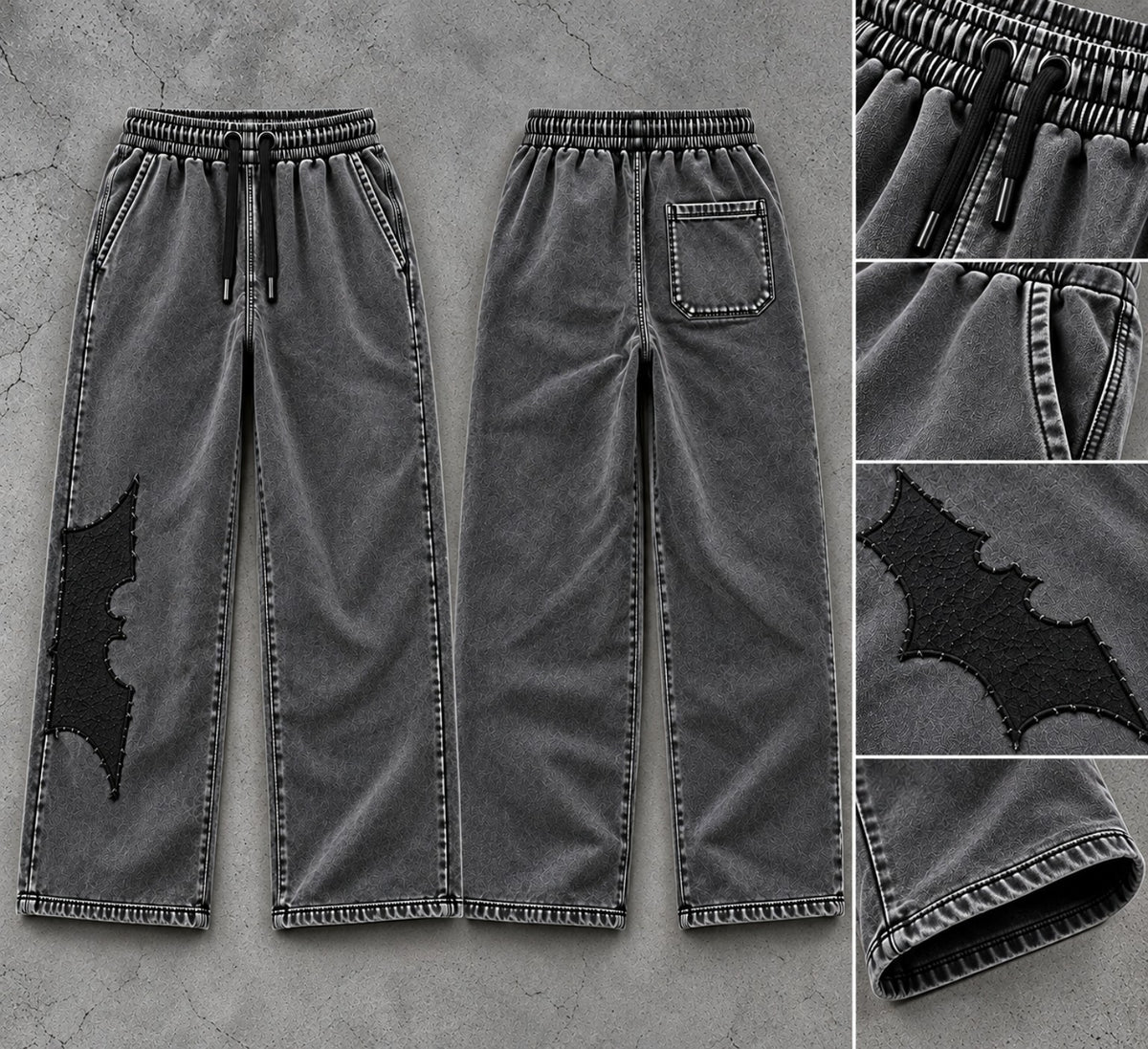 IRON CULT Shadow Appliqué Trousers front and back views with waistband, pocket, appliqué and hem details