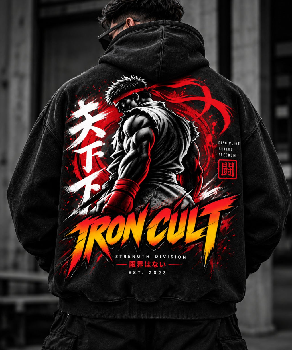 Iron Cult washed black hoodie back view with warrior artwork