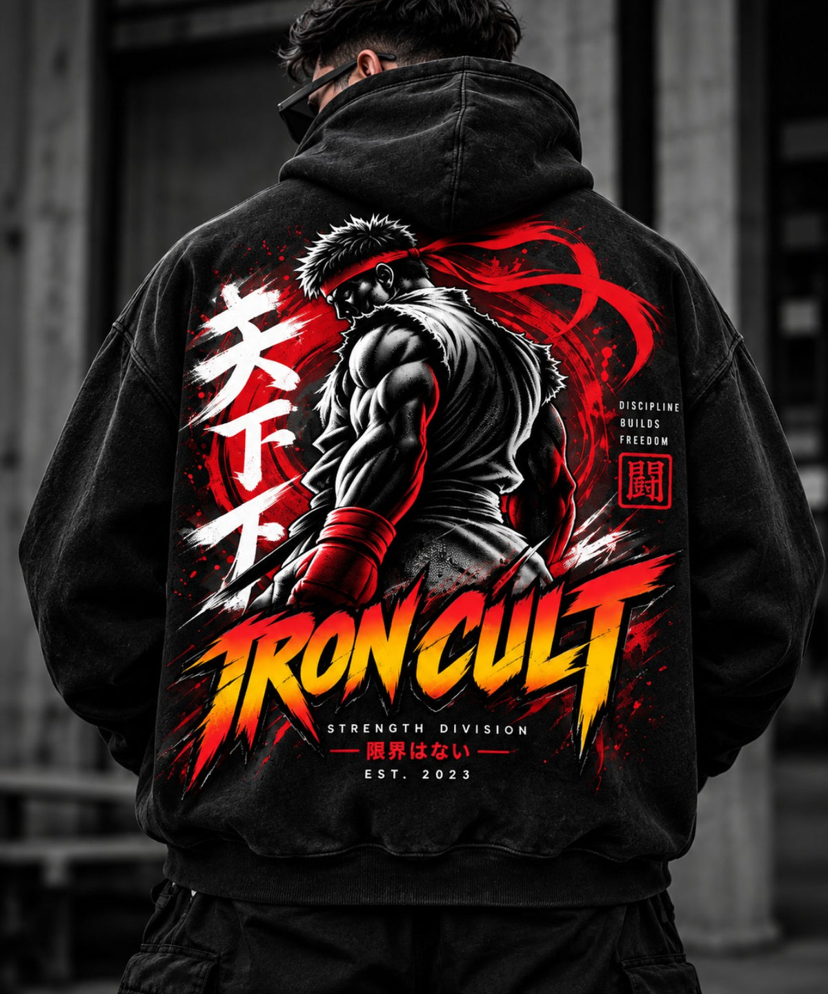 Iron Cult washed black hoodie back view with warrior artwork