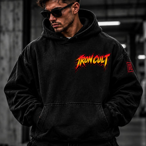 Iron Cult washed black hoodie front view with red and yellow chest logo