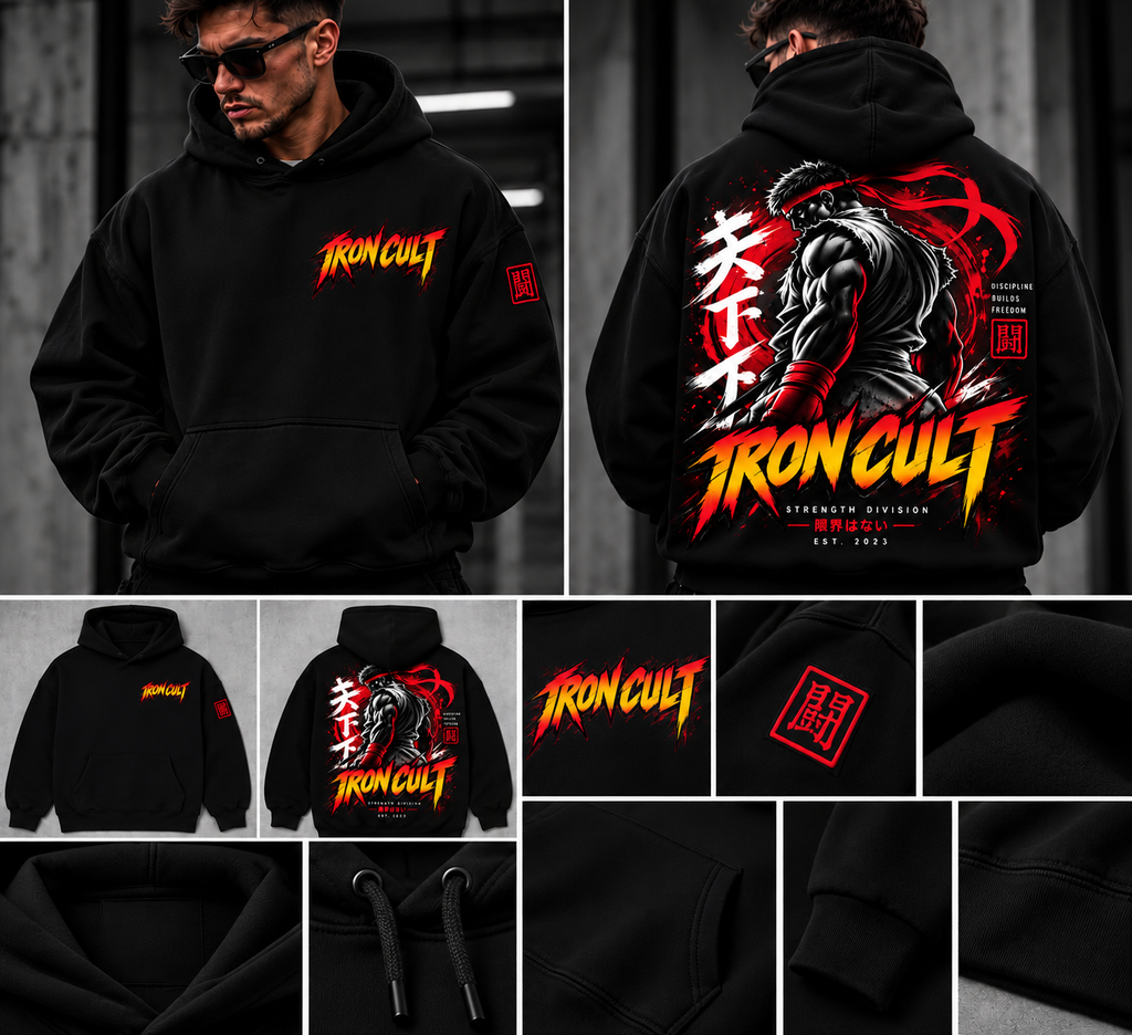 IRON CULT Strength Division black hoodie front and back model and detail views