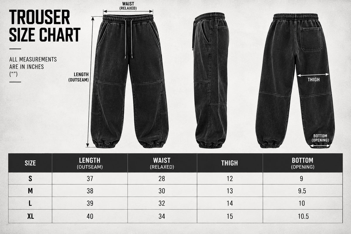 Iron Cult trousers size chart with waist, length, thigh and bottom opening measurements in inches