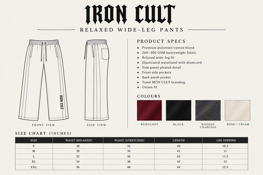 IRON CULT relaxed wide-leg pants product specification and size chart