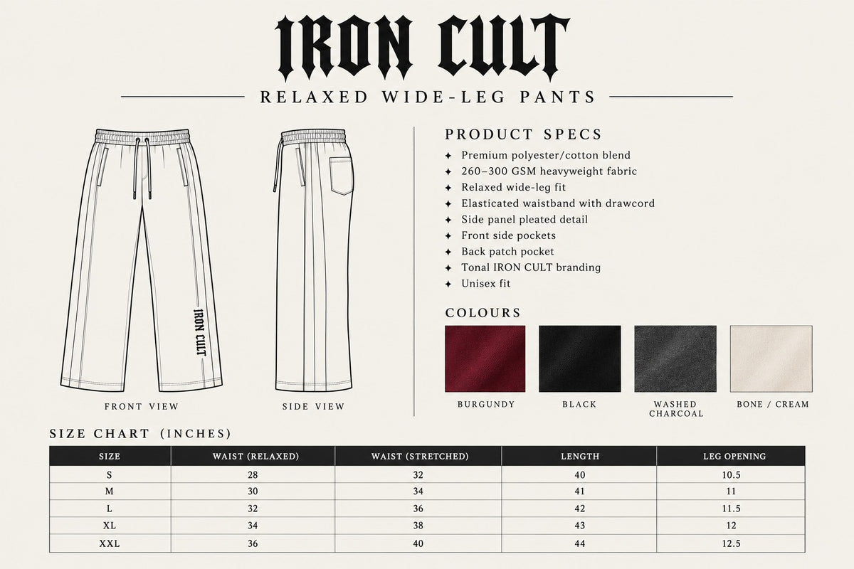 IRON CULT relaxed wide-leg pants product specification and size chart