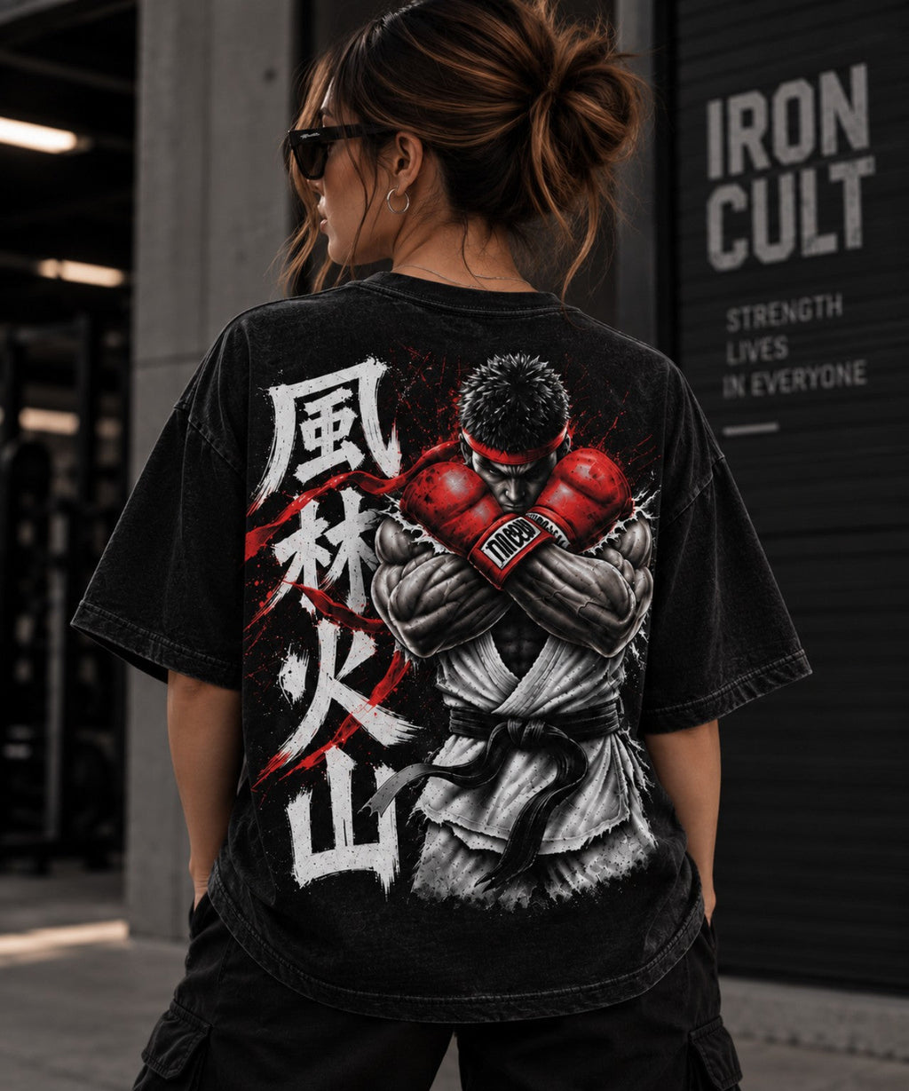 IRON CULT Iron Fist Oversized Tee boxing back graphic on female model