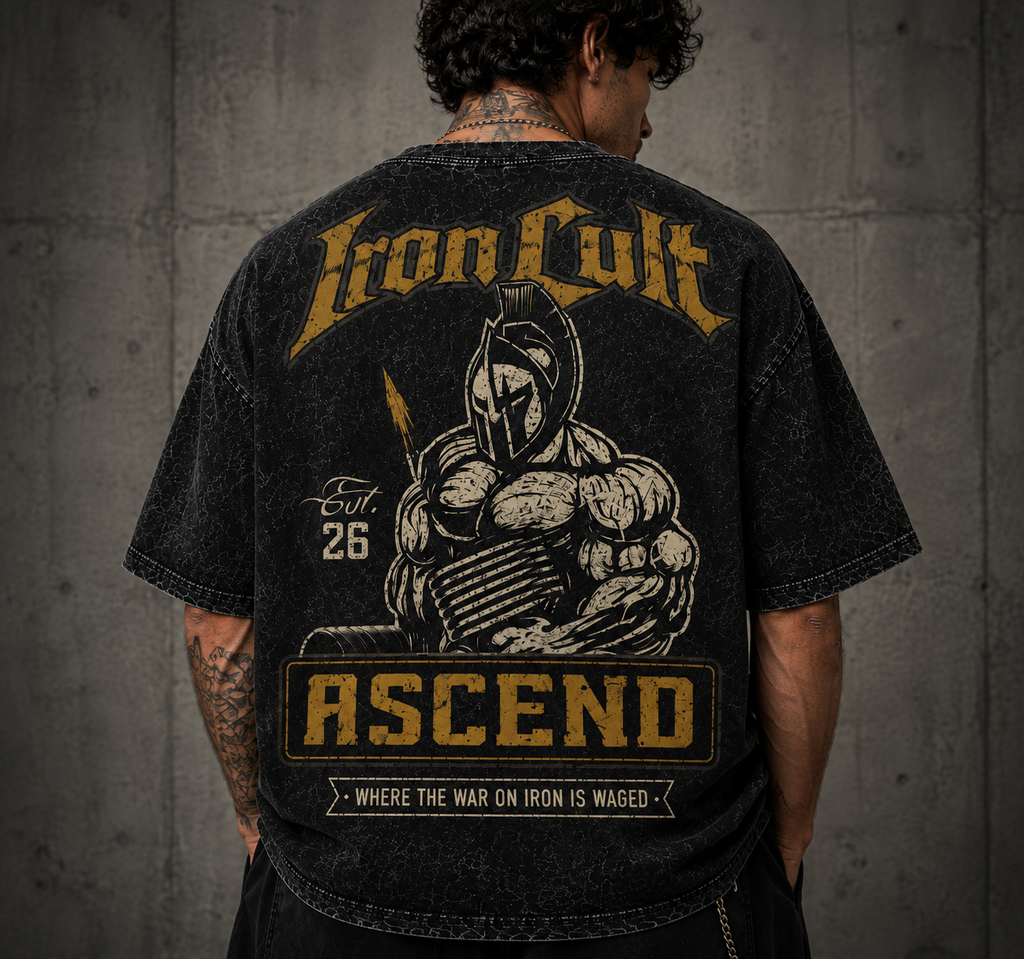 IRON CULT "ASCEND" Acid Wash Oversized Tee – Black Vintage Wash