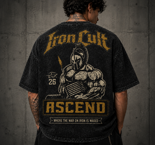 IRON CULT "ASCEND" Acid Wash Oversized Tee – Black Vintage Wash