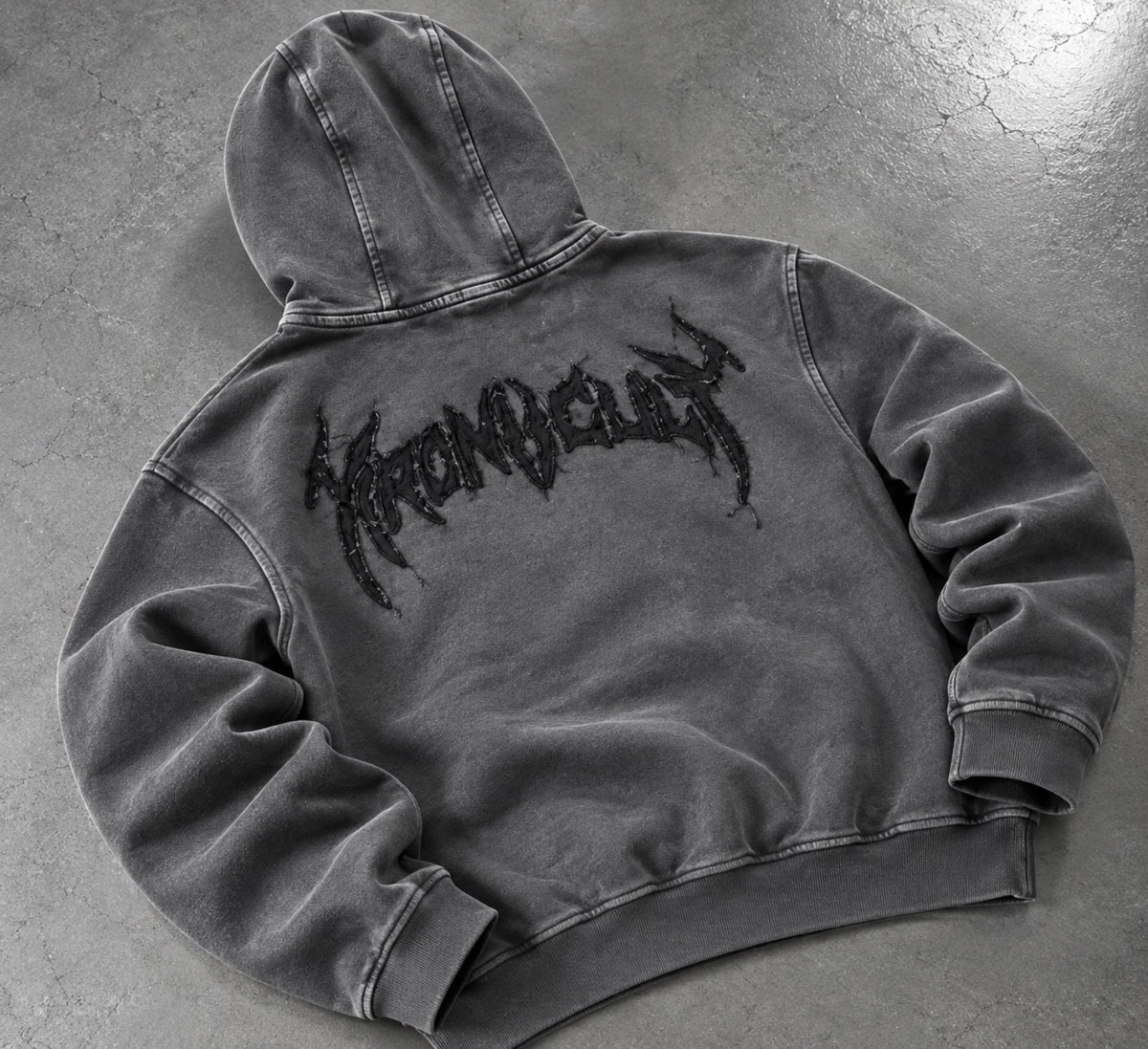 Shadow Cult Hoodie back view, washed charcoal with black gothic IRON CULT appliqué