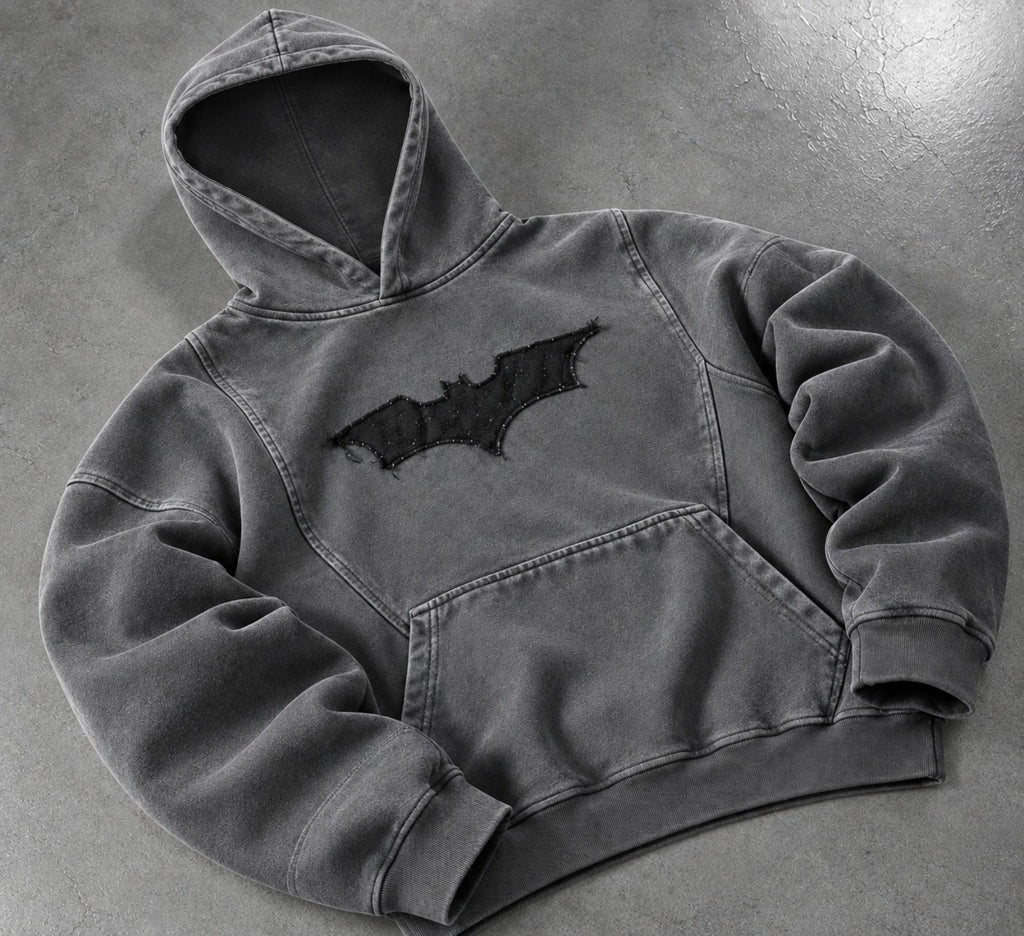 Shadow Cult Hoodie front view, washed charcoal with black bat appliqué