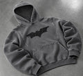 Shadow Cult Hoodie front view, washed charcoal with black bat appliqué