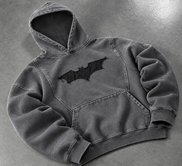 Shadow Cult Hoodie front view, washed charcoal with black bat appliqué