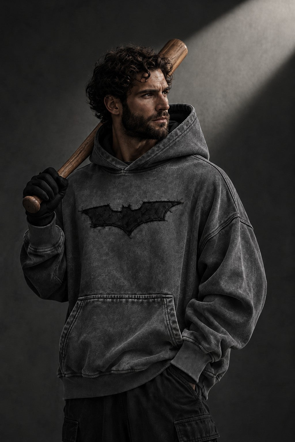 IRON CULT Shadow Cult Hoodie modeled in washed charcoal grey with black chest appliqué